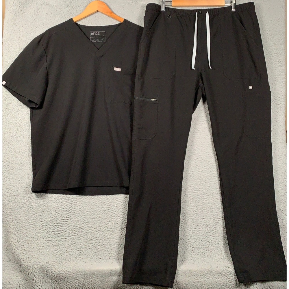 Figs Scrub Set Leon Top & Cairo Cargo Tall Pants Men's XXL/XXLT Black V-Neck 2XL